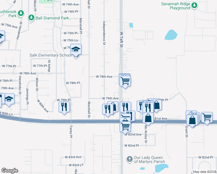 map of restaurants, bars, coffee shops, grocery stores, and more near 7809 Independence Street in Merrillville