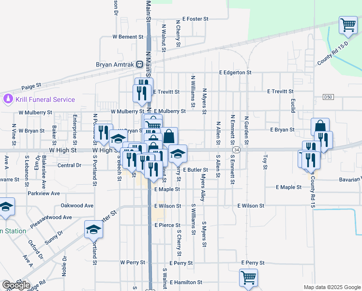 map of restaurants, bars, coffee shops, grocery stores, and more near 321 East High Street in Bryan