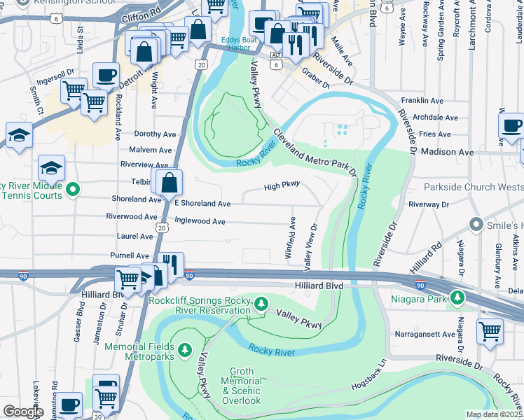 map of restaurants, bars, coffee shops, grocery stores, and more near 18771 E Shoreland Ave in Rocky River