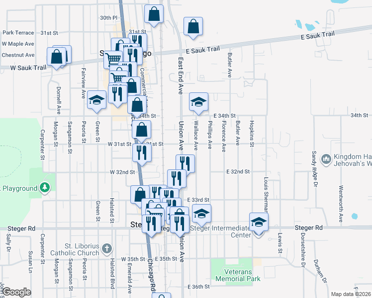 map of restaurants, bars, coffee shops, grocery stores, and more near 3100 Union Avenue in Steger