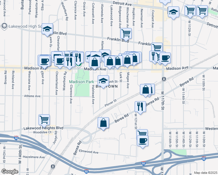 map of restaurants, bars, coffee shops, grocery stores, and more near 2071 Quail Street in Lakewood