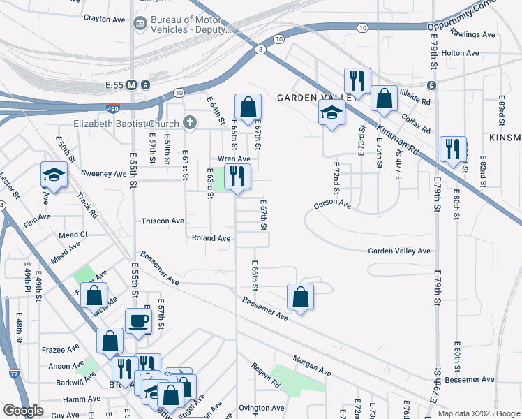 map of restaurants, bars, coffee shops, grocery stores, and more near 6619 Percy Avenue in Cleveland