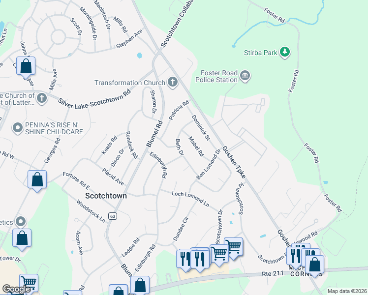 map of restaurants, bars, coffee shops, grocery stores, and more near 16 Beth Drive in Middletown