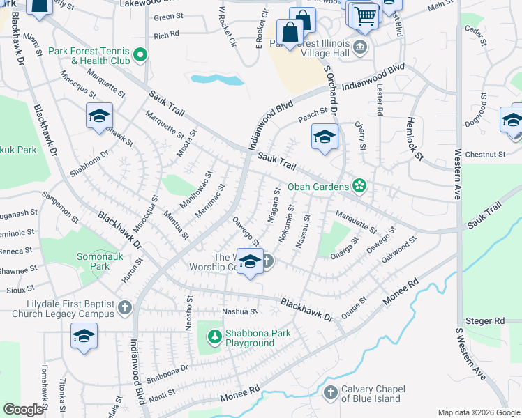 map of restaurants, bars, coffee shops, grocery stores, and more near 326 Neola Street in Park Forest