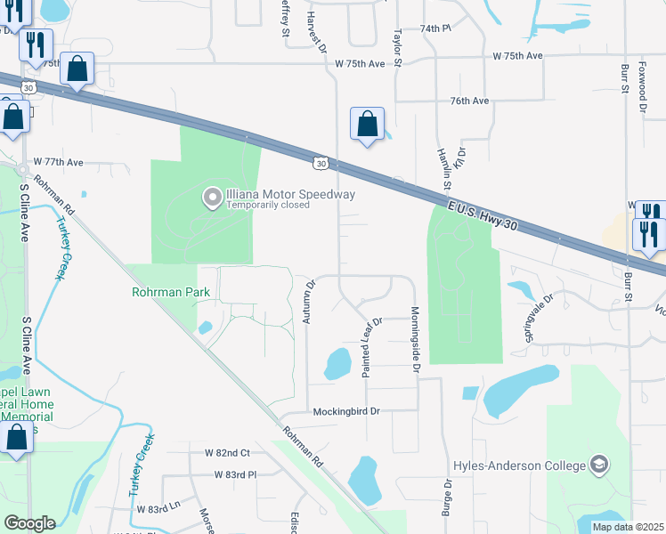 map of restaurants, bars, coffee shops, grocery stores, and more near 2602 Harvest Drive in Crown Point