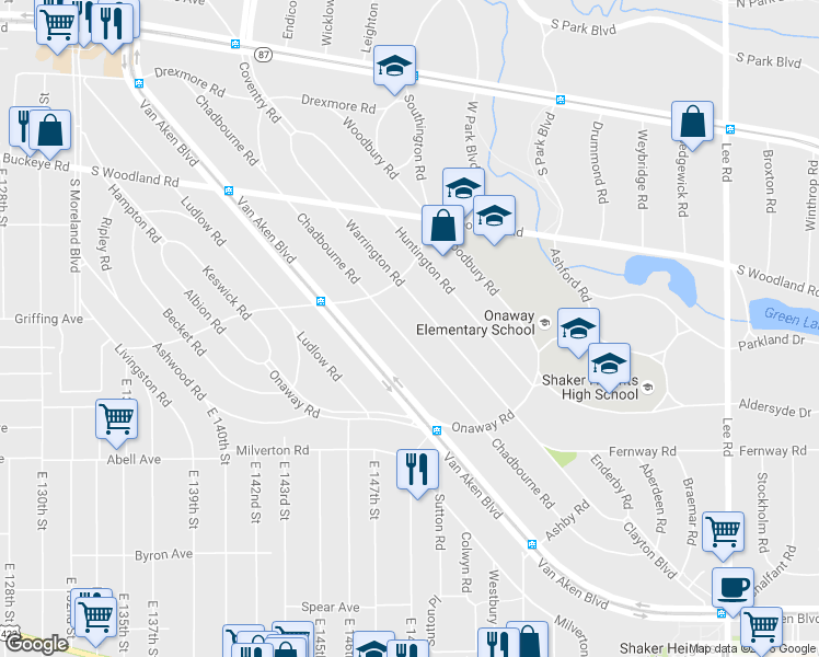 map of restaurants, bars, coffee shops, grocery stores, and more near 3119 Chadbourne Rd in Shaker Heights