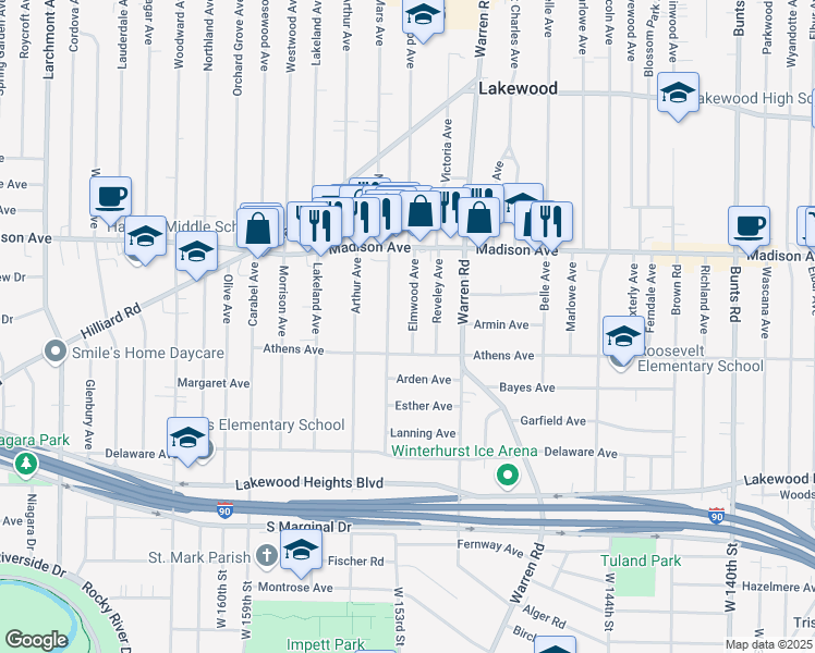 map of restaurants, bars, coffee shops, grocery stores, and more near 2084 Elmwood Avenue in Lakewood