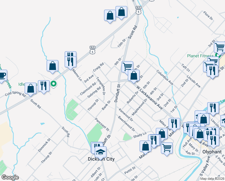 map of restaurants, bars, coffee shops, grocery stores, and more near 1503 Dundaff Street in Dickson City