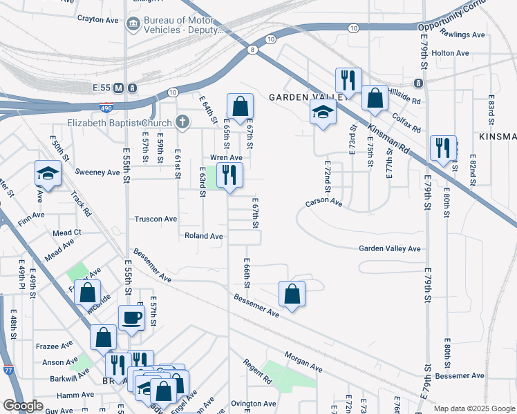map of restaurants, bars, coffee shops, grocery stores, and more near 6619 Percy Avenue in Cleveland