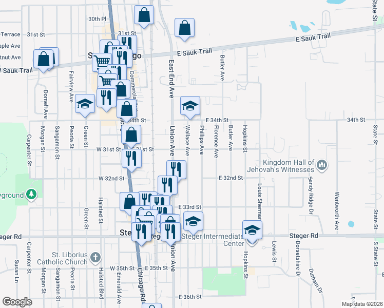 map of restaurants, bars, coffee shops, grocery stores, and more near 3105 Wallace Ave in Steger