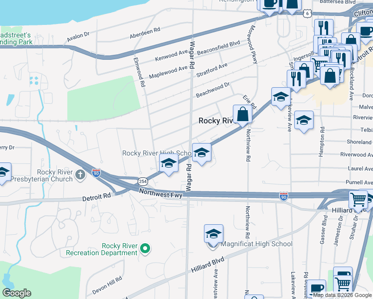 map of restaurants, bars, coffee shops, grocery stores, and more near 101 Cliffside Commons in Rocky River