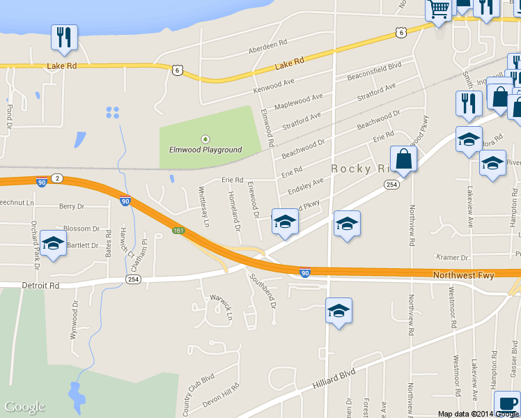 map of restaurants, bars, coffee shops, grocery stores, and more near 1265 Eriewood Drive in Rocky River