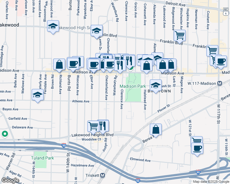 map of restaurants, bars, coffee shops, grocery stores, and more near 2071 Waterbury Rd in Lakewood