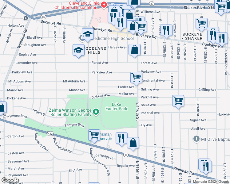 map of restaurants, bars, coffee shops, grocery stores, and more near 11301 Melba Avenue in Cleveland