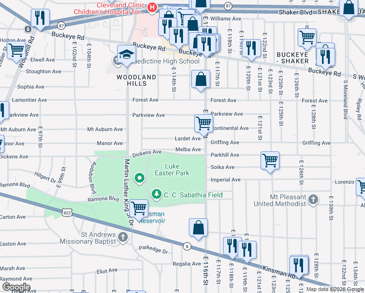 map of restaurants, bars, coffee shops, grocery stores, and more near 11417 Melba Avenue in Cleveland