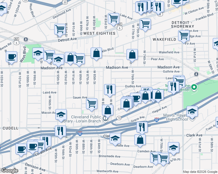 map of restaurants, bars, coffee shops, grocery stores, and more near 2076 West 81st Street in Cleveland