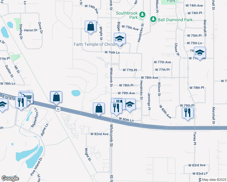 map of restaurants, bars, coffee shops, grocery stores, and more near 7841 Whitcomb Street in Merrillville