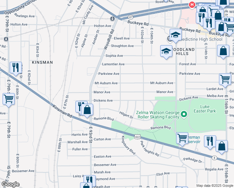 map of restaurants, bars, coffee shops, grocery stores, and more near 9612 Manor Avenue in Cleveland