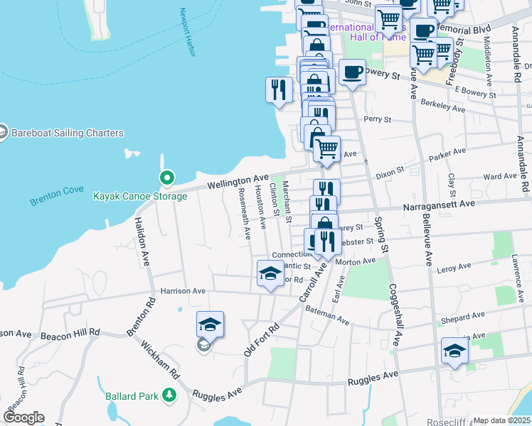 map of restaurants, bars, coffee shops, grocery stores, and more near 56 Houston Avenue in Newport
