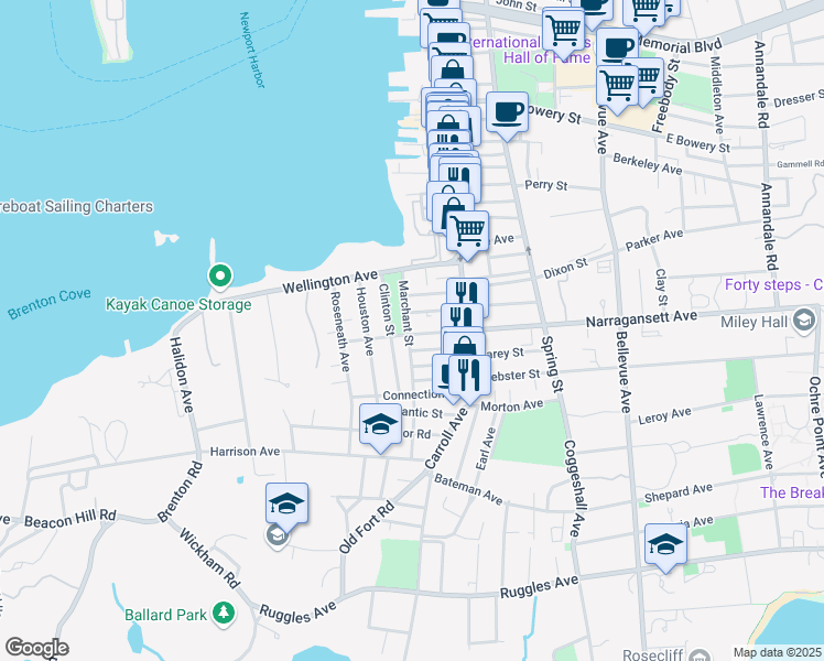 map of restaurants, bars, coffee shops, grocery stores, and more near 40 West Narragansett Avenue in Newport