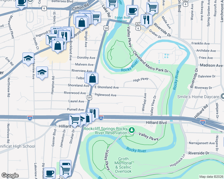 map of restaurants, bars, coffee shops, grocery stores, and more near 18975 East Shoreland Avenue in Rocky River