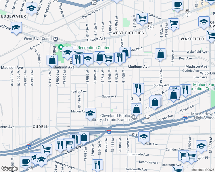 map of restaurants, bars, coffee shops, grocery stores, and more near 2076 W 89th St in Cleveland