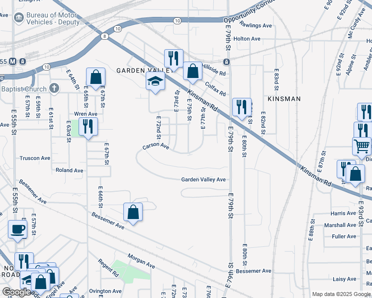map of restaurants, bars, coffee shops, grocery stores, and more near 7409 Carson Avenue in Cleveland
