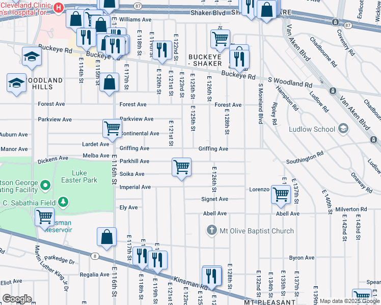 map of restaurants, bars, coffee shops, grocery stores, and more near 3065 East 123rd Street in Cleveland