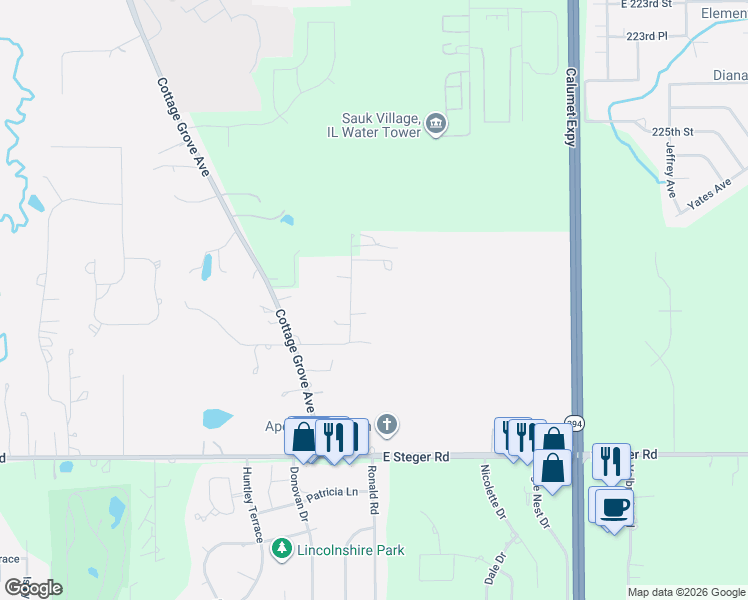 map of restaurants, bars, coffee shops, grocery stores, and more near 22789 Woodlawn Avenue in Steger