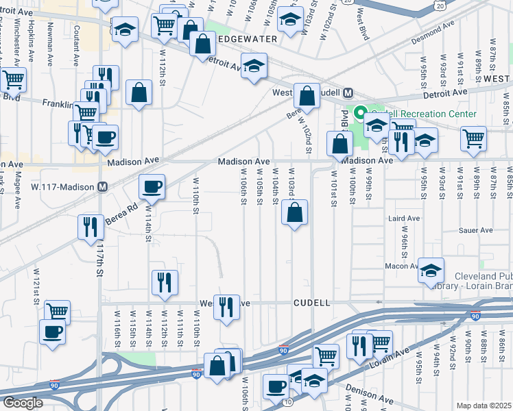 map of restaurants, bars, coffee shops, grocery stores, and more near 2072 West 105th Street in Cleveland