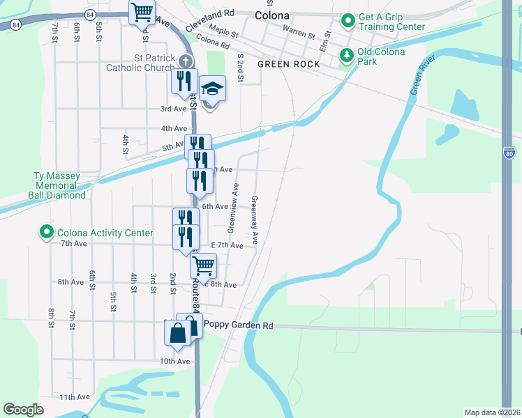map of restaurants, bars, coffee shops, grocery stores, and more near 600 Greenway Avenue in Colona