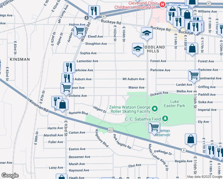 map of restaurants, bars, coffee shops, grocery stores, and more near 10016 Manor Avenue in Cleveland