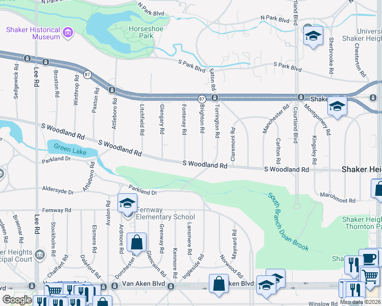 map of restaurants, bars, coffee shops, grocery stores, and more near 3007 Fontenay Road in Shaker Heights
