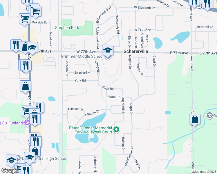 map of restaurants, bars, coffee shops, grocery stores, and more near 306 Bach Road in Schererville