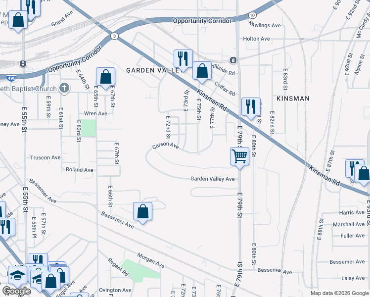 map of restaurants, bars, coffee shops, grocery stores, and more near 7301 Carson Avenue in Cleveland