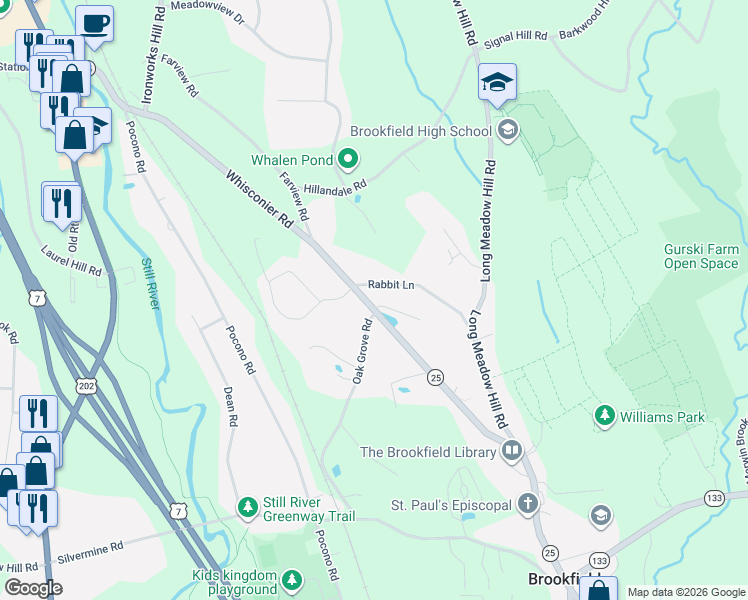 map of restaurants, bars, coffee shops, grocery stores, and more near 218 Whisconier Road in Brookfield