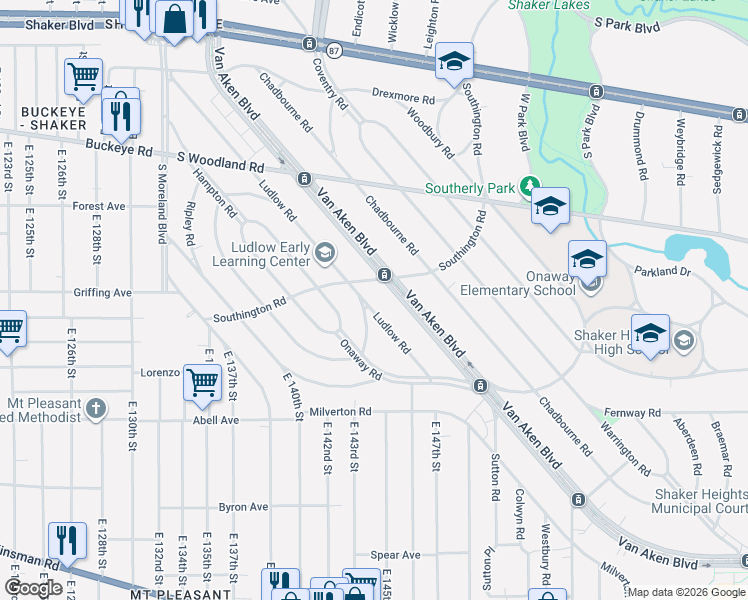 map of restaurants, bars, coffee shops, grocery stores, and more near 3113 Ludlow Road in Cleveland