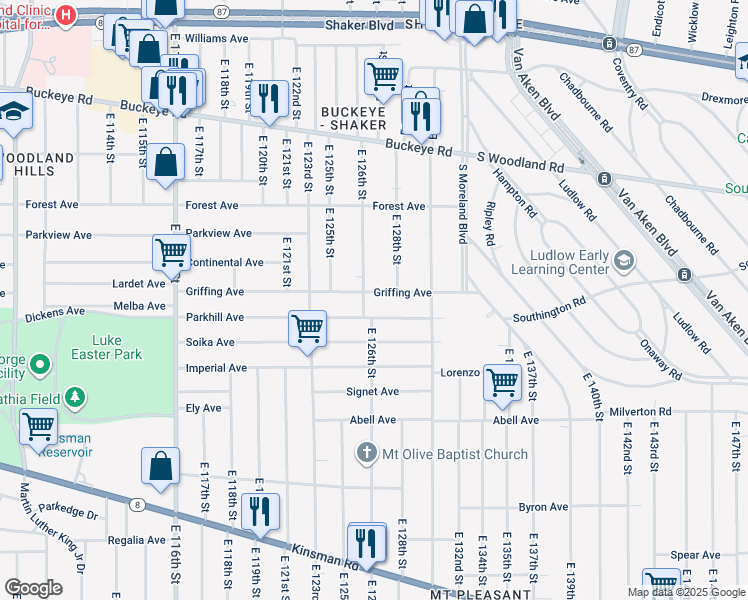map of restaurants, bars, coffee shops, grocery stores, and more near 12702 Griffing Avenue in Cleveland