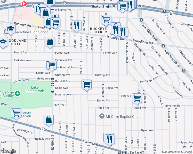 map of restaurants, bars, coffee shops, grocery stores, and more near 12520 Griffing Avenue in Cleveland