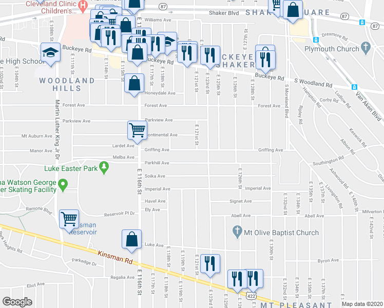 map of restaurants, bars, coffee shops, grocery stores, and more near 12022 Griffing Avenue in Cleveland
