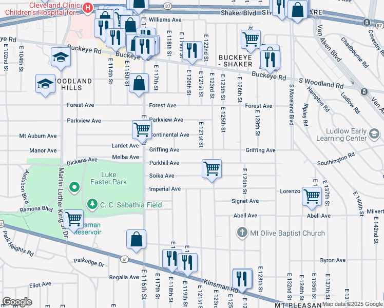 map of restaurants, bars, coffee shops, grocery stores, and more near 12022 Griffing Avenue in Cleveland