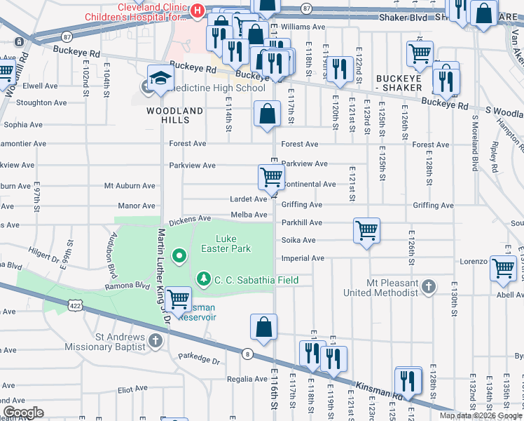 map of restaurants, bars, coffee shops, grocery stores, and more near in Cleveland