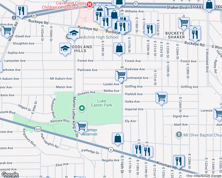 map of restaurants, bars, coffee shops, grocery stores, and more near 11417 Melba Avenue in Cleveland