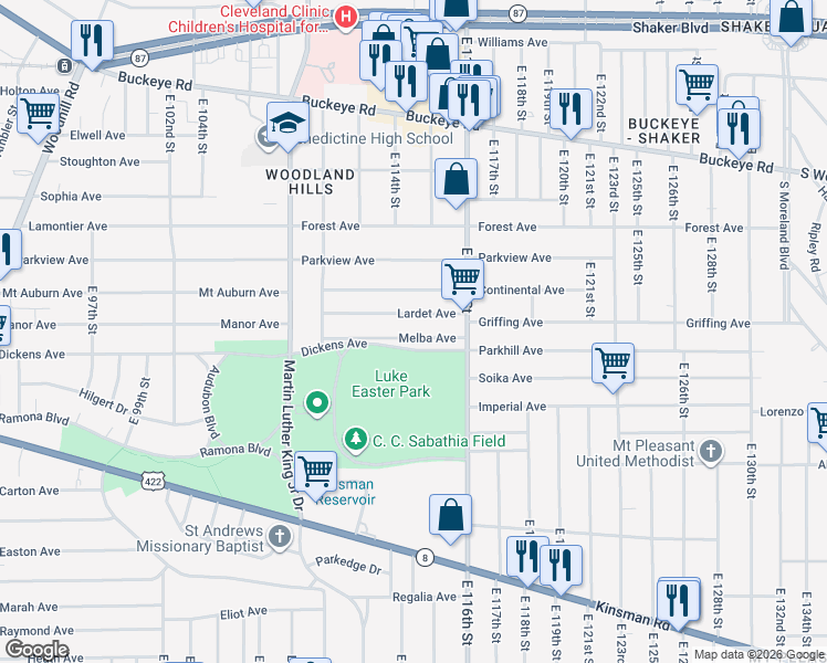 map of restaurants, bars, coffee shops, grocery stores, and more near 11417 Melba Avenue in Cleveland