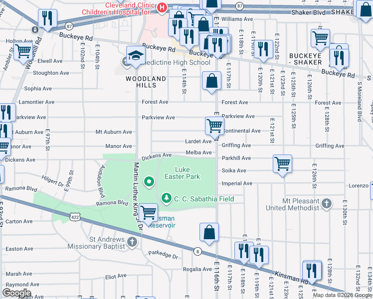 map of restaurants, bars, coffee shops, grocery stores, and more near 11301 Melba Avenue in Cleveland