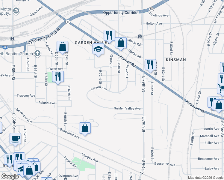 map of restaurants, bars, coffee shops, grocery stores, and more near 7301 Carson Avenue in Cleveland