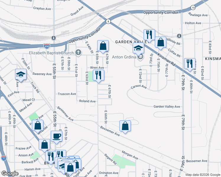 map of restaurants, bars, coffee shops, grocery stores, and more near 6619 Percy Avenue in Cleveland