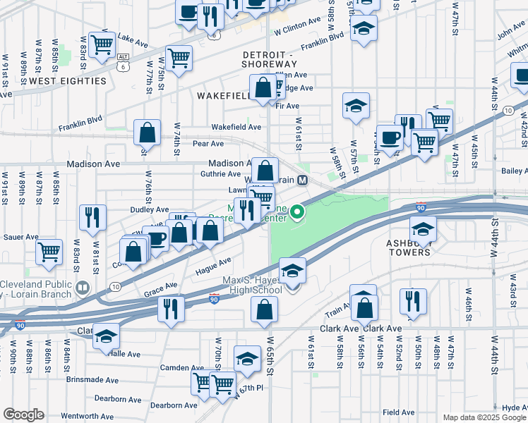 map of restaurants, bars, coffee shops, grocery stores, and more near in Cleveland