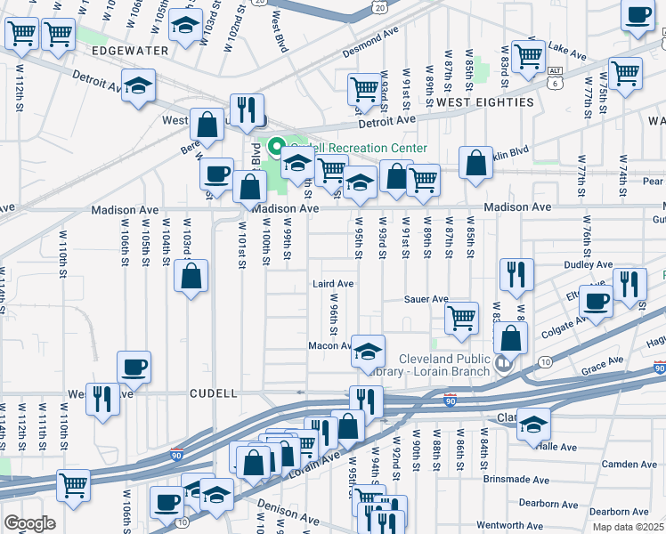 map of restaurants, bars, coffee shops, grocery stores, and more near 9617 Larnder Avenue in Cleveland