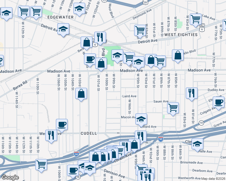 map of restaurants, bars, coffee shops, grocery stores, and more near 9810 Marietta Avenue in Cleveland